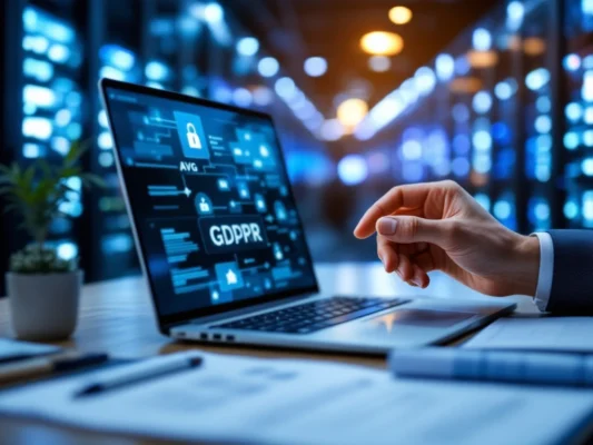 Professioneel bureau met laptop toonend beveiligingsschild, AVG-checklist, hand met vergrootglas boven datastromen en serverruimte met blauwe LED-verlichting op achtergrond.