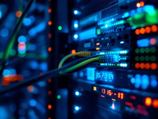 Modern serverrack in datacenter met beveiligingselementen. Technicus sluit beveiligingsmodule aan via groen en oranje oplichtende kabels.