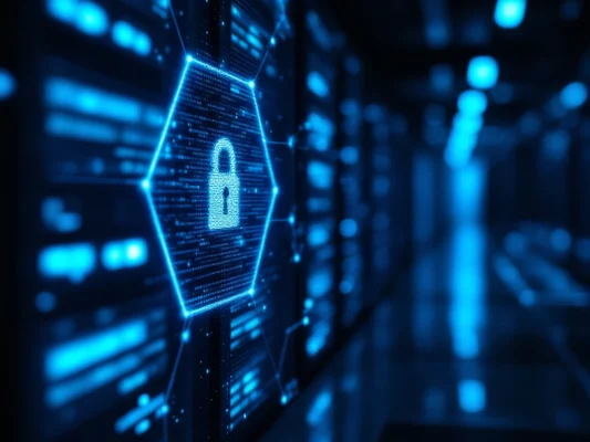Modern datacenter met servers onder blauw-paarse verlichting, beveiligd door hexagonaal raster, met holografische netwerkarchitectuur en roodgemarkeerde kwetsbaarheden.