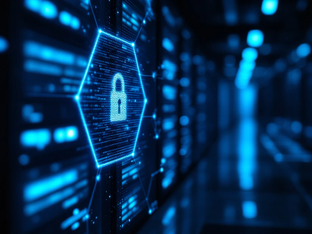 Modern datacenter met servers onder blauw-paarse verlichting, beveiligd door hexagonaal raster, met holografische netwerkarchitectuur en roodgemarkeerde kwetsbaarheden.