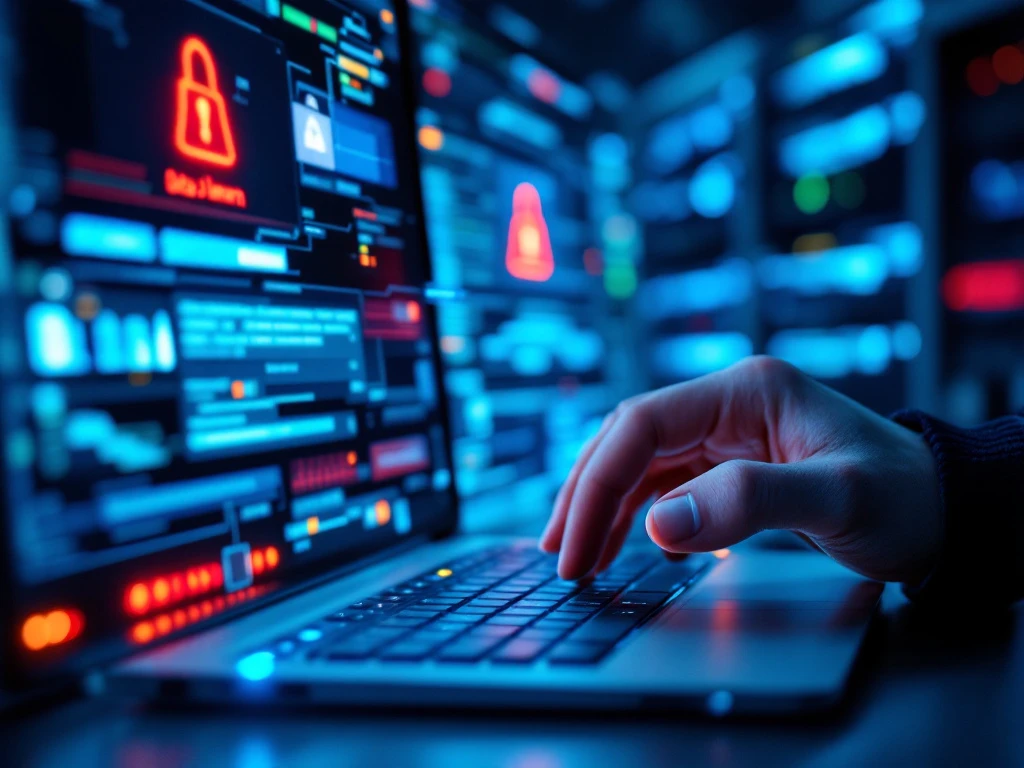 IT-beveiligingspaneel met rood datalek-alarm. Hand in handschoen activeert beschermingsschermen naast servers met statuslichten en sluitend digitaal hangslot.