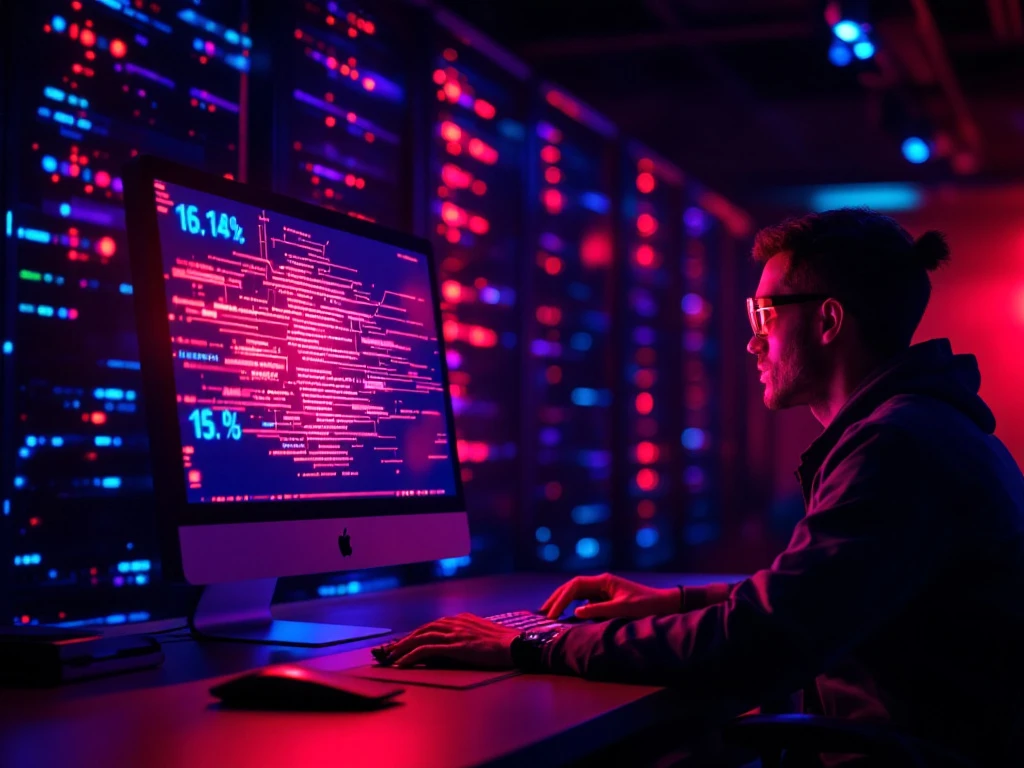 Technici werken aan datalek in serverruimte met rood oplichtende computer, forensische hulpmiddelen en gevisualiseerde beveiligingsovertreding op een gespannen maar methodische wijze.