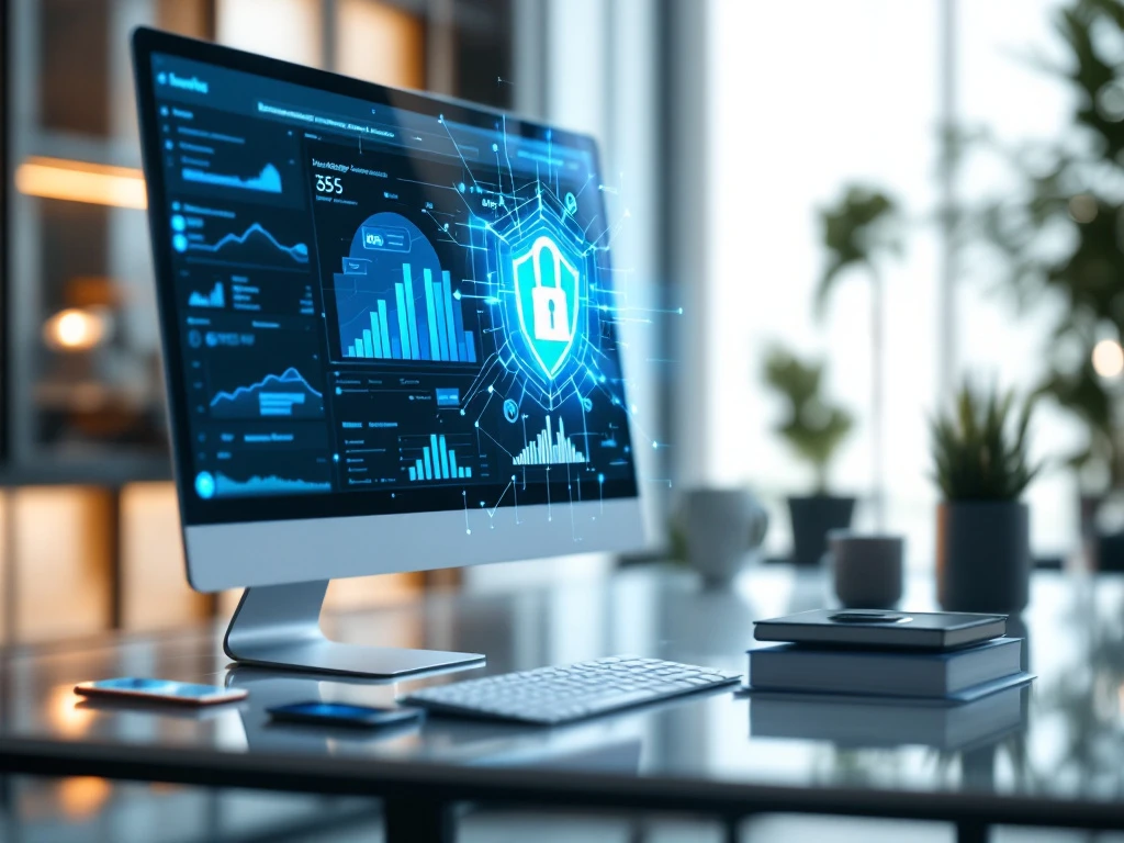 Moderne financiële werkplek met Microsoft 365 beveiligingsdashboard, bankpas, smartphone met authenticatie-melding en holografisch schild voor cyberbescherming.