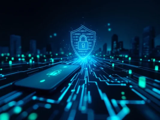 Smartphone en laptop verbonden door versleutelde gegevensstroom in beschermende tunnel met digitale sloten en groene beveiligingssymbolen tegen zakelijke achtergrond.