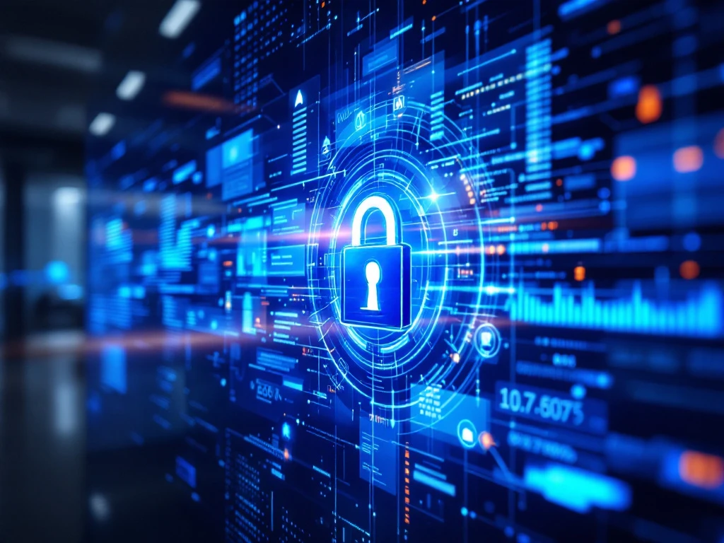 Holografisch dataclassificatiesysteem met gekleurde bedrijfsgegevens en encryptiebarrières rond gevoelige informatie in modern kantoor.