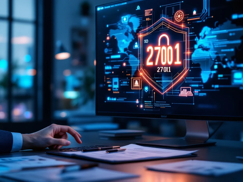 Professionele werkplek met ISO 27001 certificaat op beeldscherm, sleutel en hangslot naast serverruimte in blauwe cybersecurity-gloed, met risicoanalysegrafieken.