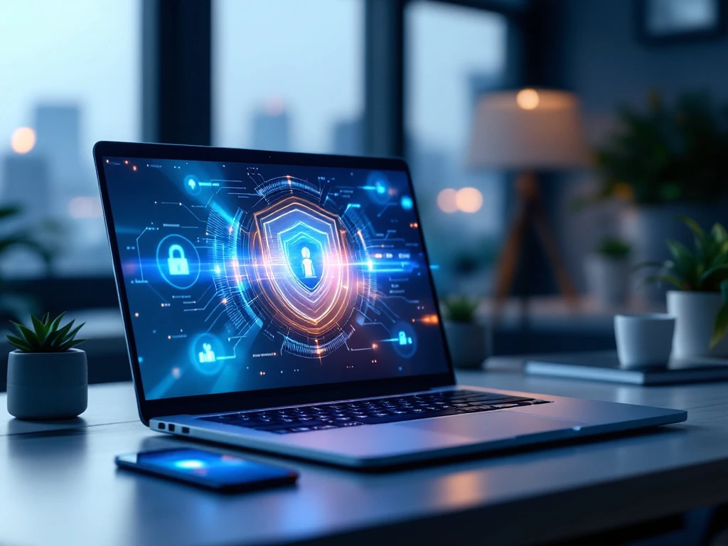 Beveiligde laptop met login-interface naast smartphone, omgeven door drie dimensionale authenticatiefactoren: vingerafdruk, sleutel en shield in een moderne digitale werkplek.