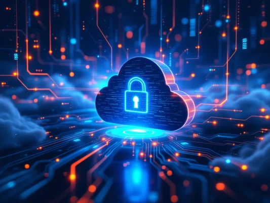 Multi-cloud beveiligingssysteem met centrale digitale kluis, beschermd door blauw schild tegen cyberdreigingen terwijl datastromen tussen cloudplatformen vloeien.