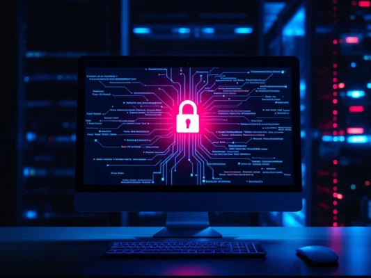 Netwerkoverzicht op computerscherm met blauwe knooppunten en één rode anomalie, omgeven door codelijnen, virtueel slot en schild tegen achtergrond van serverracks.