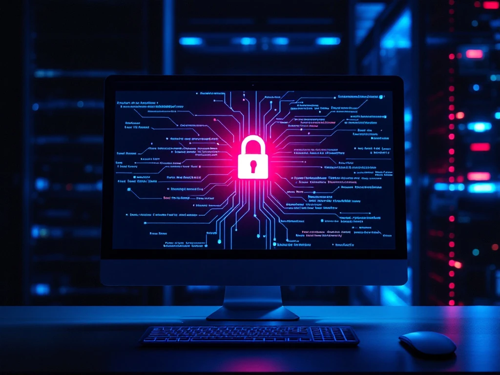Netwerkoverzicht op computerscherm met blauwe knooppunten en één rode anomalie, omgeven door codelijnen, virtueel slot en schild tegen achtergrond van serverracks.