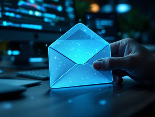 Vishaak zweeft door e-mail in kantooromgeving terwijl een hand deze bijna aanraakt, met blauwe reflecties en rode waarschuwingselementen - phishing-gevaar visualisatie.