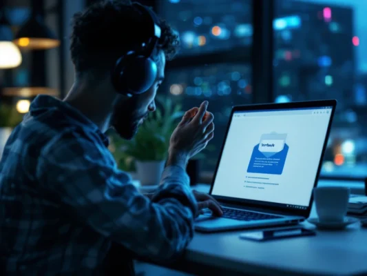Glanzend vishaakje hangt dreigend voor laptopscherm met verdachte e-mail, symboliserend phishing-aanval in modern zakelijk kantoor.