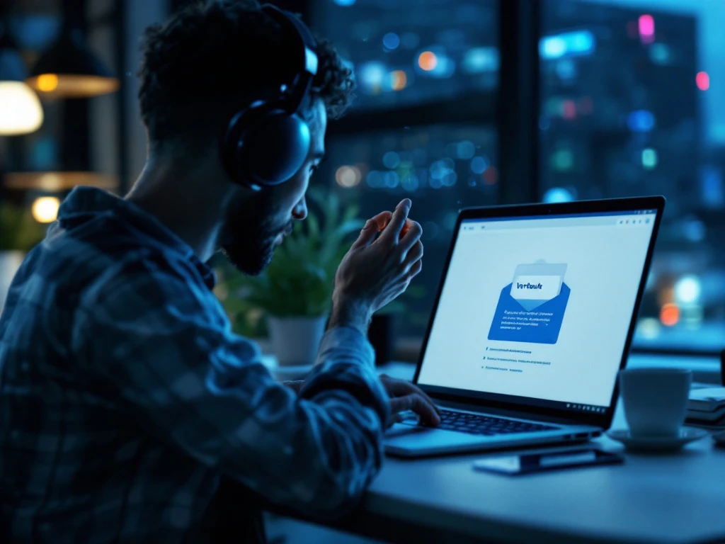 Glanzend vishaakje hangt dreigend voor laptopscherm met verdachte e-mail, symboliserend phishing-aanval in modern zakelijk kantoor.