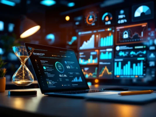 Laptop met beveiligingsinterface en zandloper op professionele werkplek, trainingseffectiviteits-dashboard en cybersecurity-symbolen in modern kantoor.