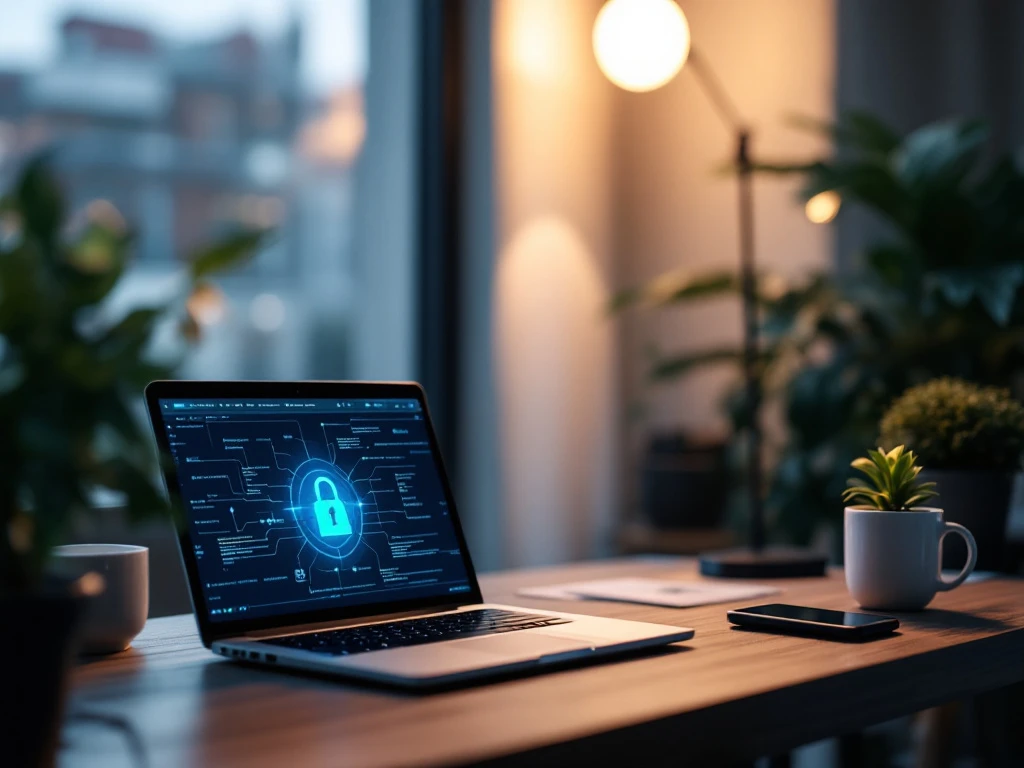 Modern thuiskantoor met cyberbeveiligingselementen: laptop met digitaal schild, gegevensstromen door firewall, en zwevend blauw hangslot als symbool voor digitale beveiliging.