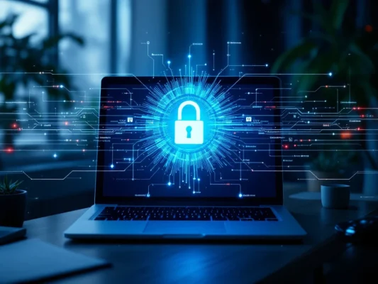 Professionele thuiswerkplek met laptop toont VPN-beveiligingsvisualisatie; blauwe beschermde datastromen versus rode onbeschermde gegevens rond een centraal sleutelgatsilhouet.