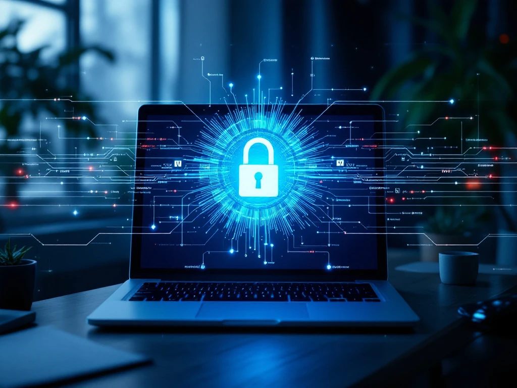 Professionele thuiswerkplek met laptop toont VPN-beveiligingsvisualisatie; blauwe beschermde datastromen versus rode onbeschermde gegevens rond een centraal sleutelgatsilhouet.