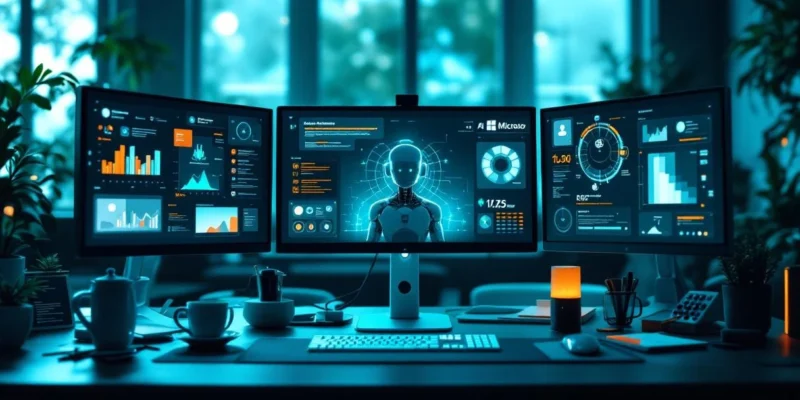 Modern bureau met computermonitoren die verschillende AI-assistenten tonen, centraal een digitale assistent-silhouet in blauw-groene verlichting, omgeven door productieve werkomgeving.