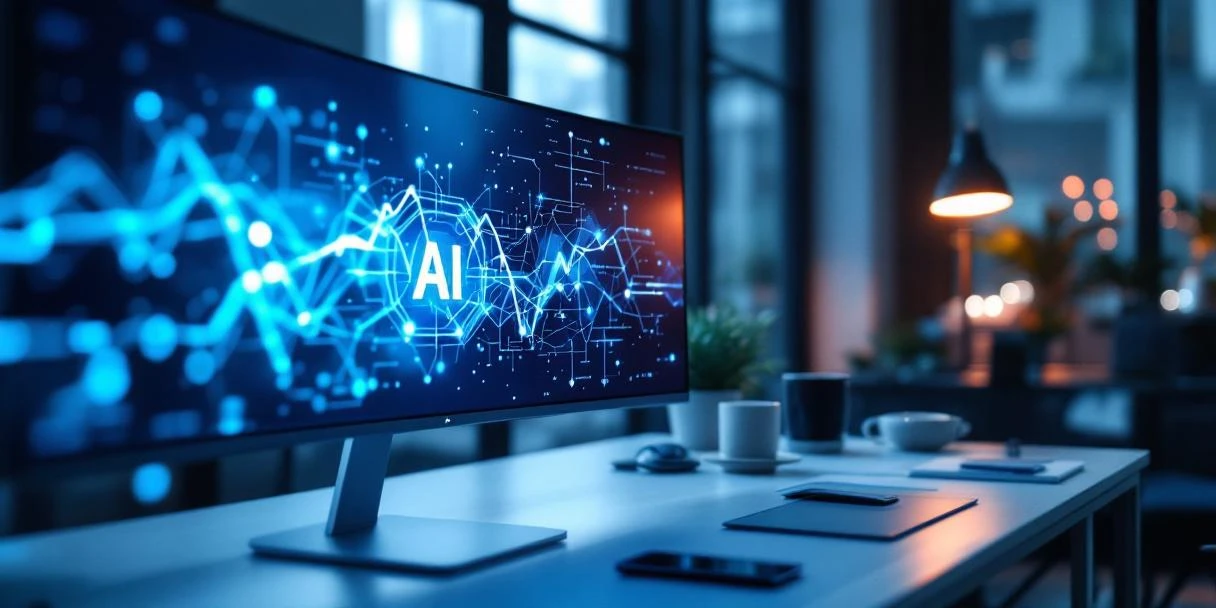 Modern professioneel bureau met ultrawide monitor en AI-interface, georganiseerde werkruimte en holografische productiviteitsgrafiek in blauw-wit kleurenschema.