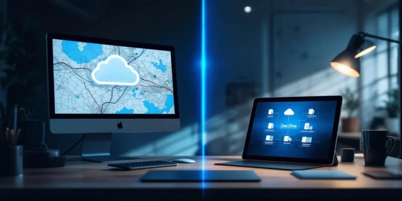 Modern kantoorbureau met contrast tussen traditionele externe harde schijf met kabels en een tablet met OneDrive-cloudopslag, verbonden door blauwe gloed.