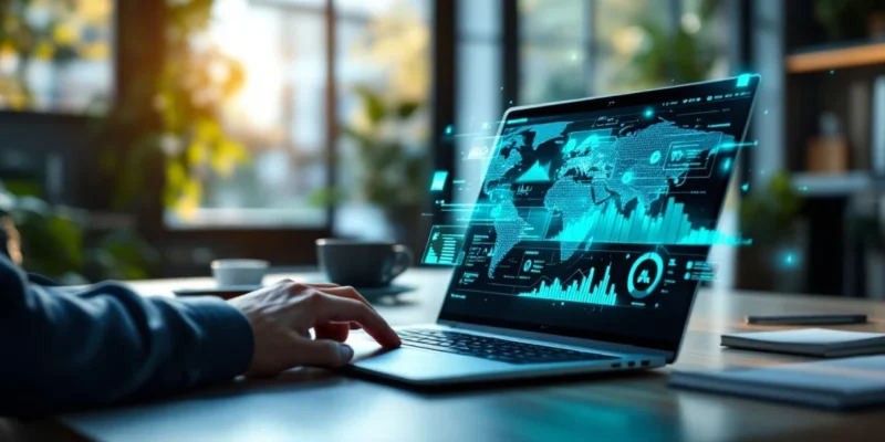 Moderne werkplek met Microsoft Copilot op laptop en holografische datavisualisatie waarnaar een hand wijst, in lichte kantooromgeving.