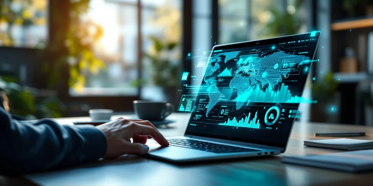 Moderne werkplek met Microsoft Copilot op laptop en holografische datavisualisatie waarnaar een hand wijst, in lichte kantooromgeving.