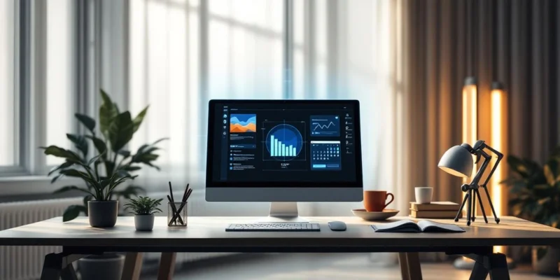 Futuristisch bureau met Microsoft Copilot-interface en zwevende holografische marketingmaterialen in een minimalistische kantooromgeving met natuurlijk licht.