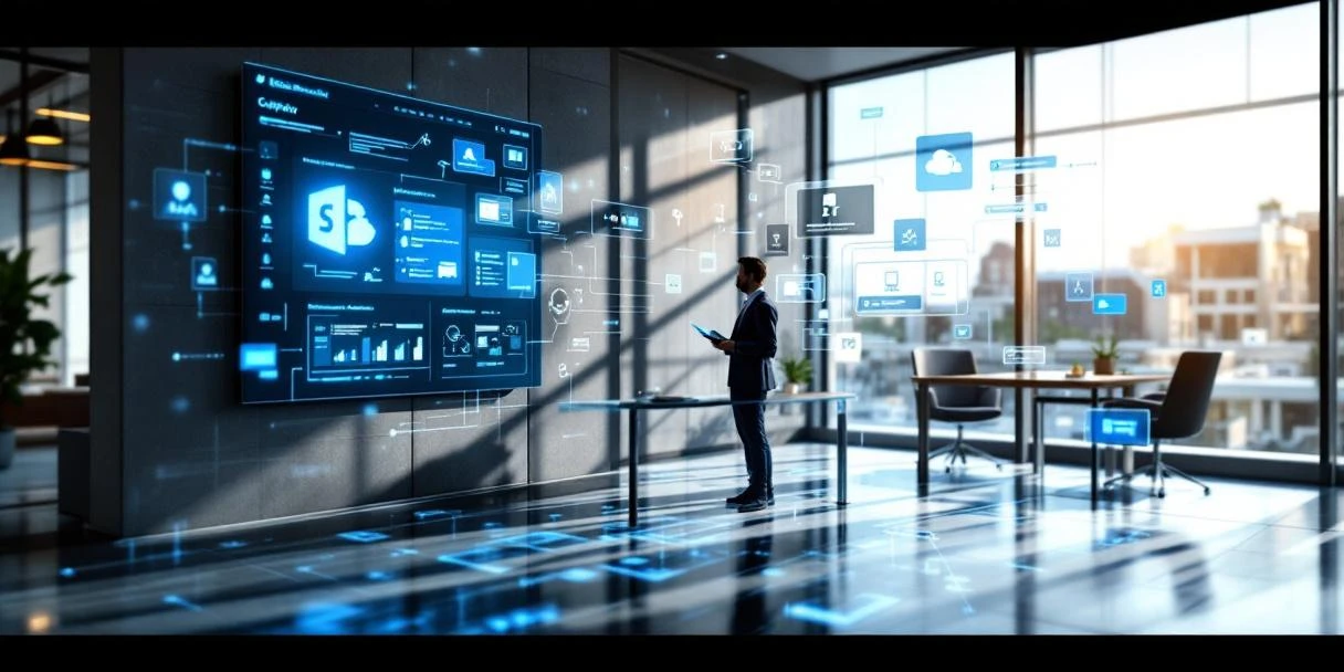 Futuristisch kantoorinterieur met holografisch Microsoft Copilot-logo zwevend boven SharePoint-dashboard, verbonden door lichtlijnen die naadloze integratie symboliseren.