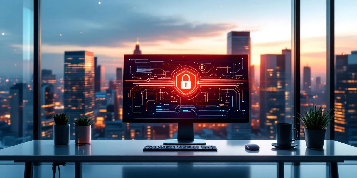 Computermonitor met rood waarschuwingssignaal en zwevende cyberbeveiligingssymbolen in een modern Haags kantoor, bedreigingen voor IT-infrastructuur visualiserend.