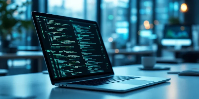 Modern zakelijk bureau met laptop en AI-interface naast een half open digitaal veiligheidsslot, omringd door datavisualisaties en code achter een beveiligingsschild.