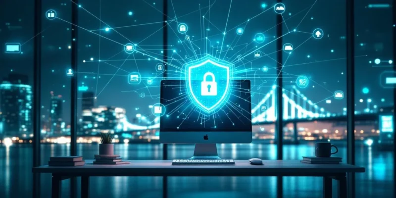 Modern kantoorgebouw in Rotterdam met Erasmusbrug, waarbij een digitaal veiligheidsschild bedrijfsgegevens beschermt in een netwerk van IT-beveiligingsinfrastructuur.