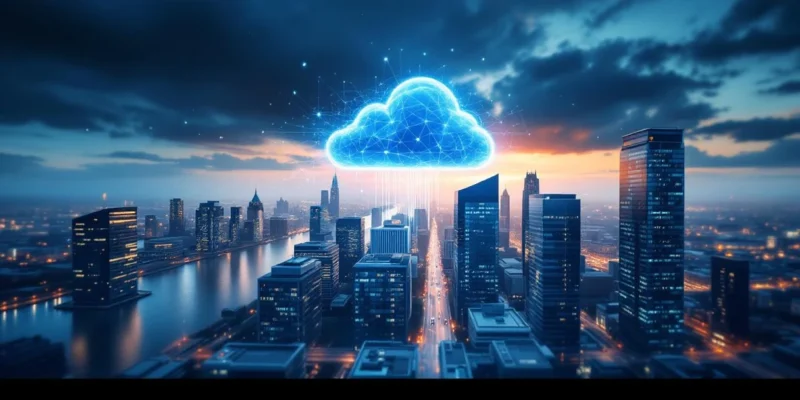 Modern zakelijk district in Den Haag met zwevende Microsoft Azure-cloudstructuur die via digitale verbindingslijnen en datastromen met lokale gebouwen communiceert.