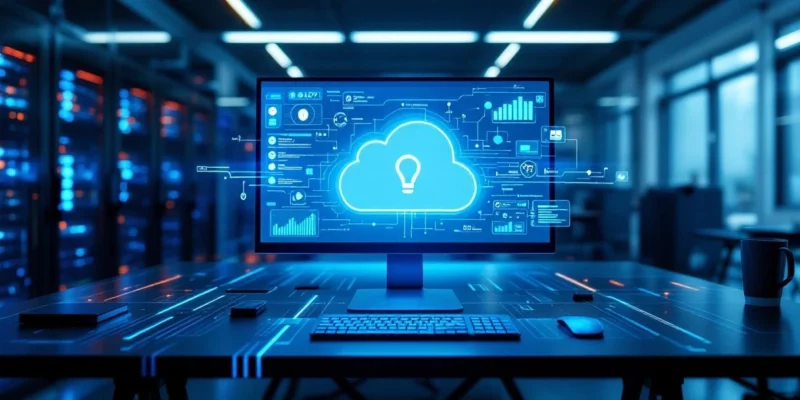 Digitaal werkstation met Microsoft Copilot-interface, privacybescherming en beveiligingselementen in blauw-paars licht met zwevend sleutel-symbool.
