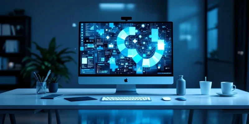 Moderne kantoorwerkplek met Microsoft 365-interface op monitor, symbolische puzzelstukjes voor digitale transformatie-uitdagingen en een reflectie die de adoptiereis weergeeft.
