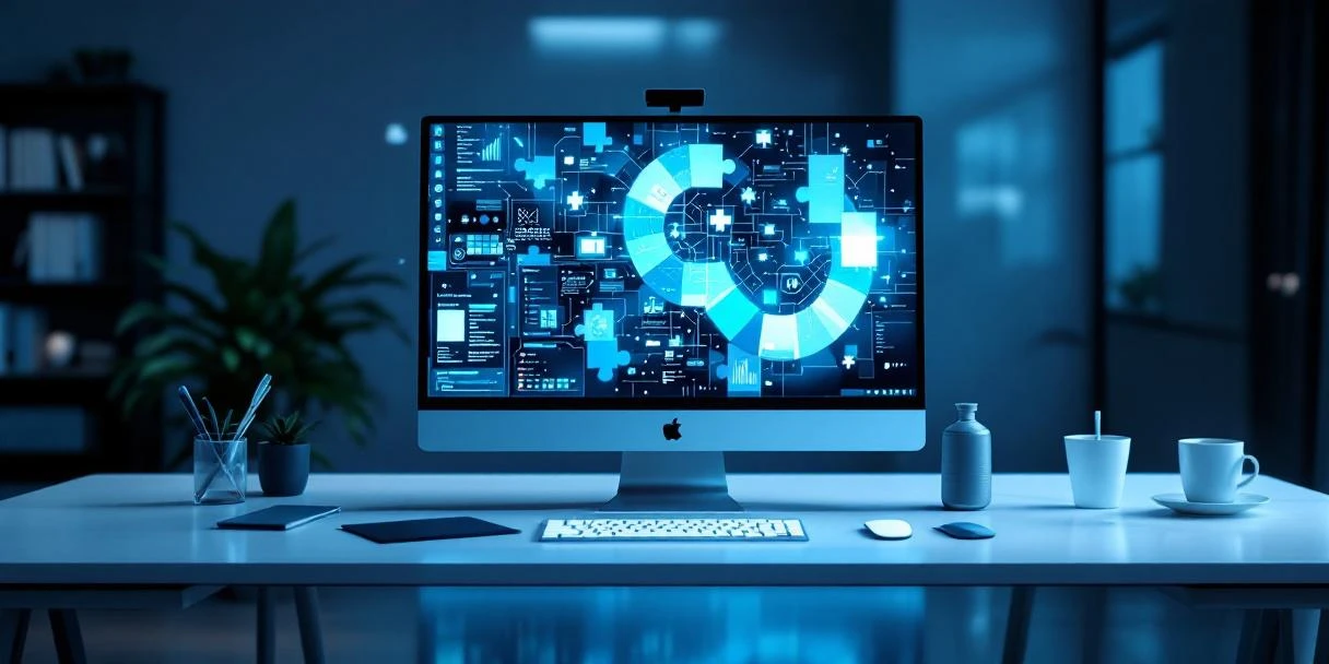 Moderne kantoorwerkplek met Microsoft 365-interface op monitor, symbolische puzzelstukjes voor digitale transformatie-uitdagingen en een reflectie die de adoptiereis weergeeft.