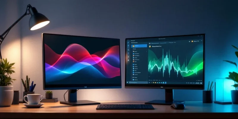 Modern bureau toont digitale transformatie van e-mail naar Microsoft Teams, geaccentueerd met blauwe DesktopToWork huisstijl.
