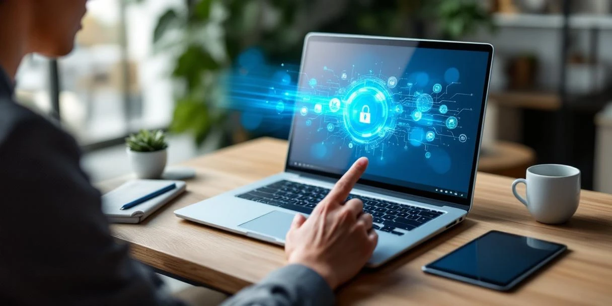 Professionele werkplek met Microsoft 365 dashboard op laptop, tablet met leermodule en hand reikend naar virtuele trap voor digitale vaardigheden.