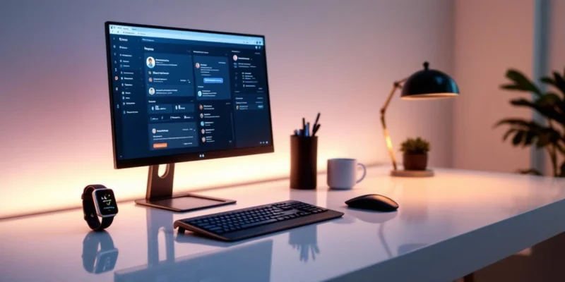 Modern bureau met twee schermen: Microsoft Copilot met AI-klantenservice op één, klantendashboard op ander. Strakke kantooromgeving met minimalistisch design.