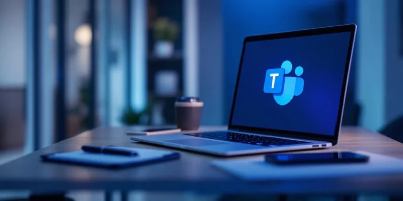 Moderne digitale werkplek met laptop waarop Microsoft Teams draait, tablet voor samenwerking, en kantoorbenodigdheden op een strak bureau in een licht kantoor met blauwe accenten.
