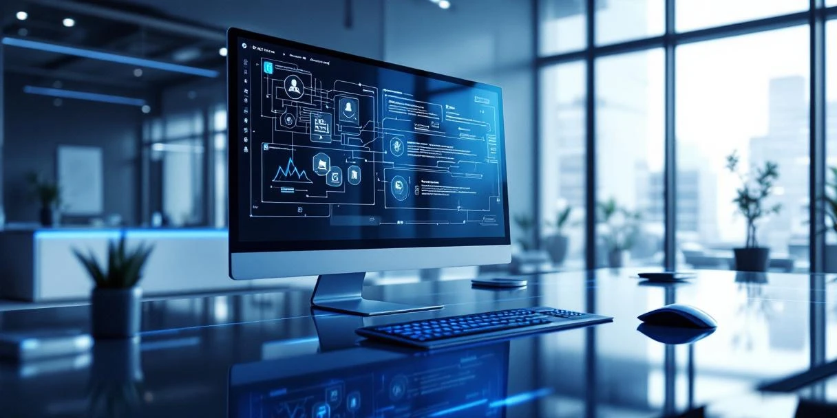 Futuristisch bureau met Microsoft Copilot-interface op hoofdscherm en zwevende holografische assistent. Minimalistisch design met blauwe accentverlichting in modern kantoor.