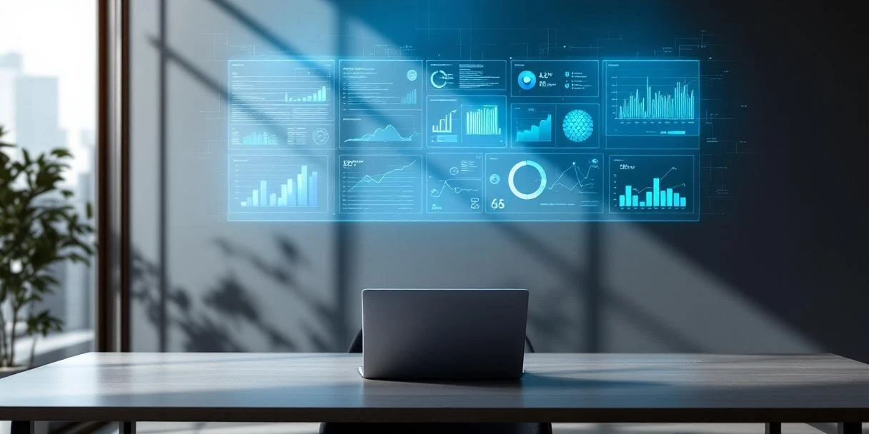 Futuristisch kantoorbureau met holografische datavisualisaties en Microsoft Copilot AI-assistentie, getoond door blauwe lichtstraal boven een elegante laptop.