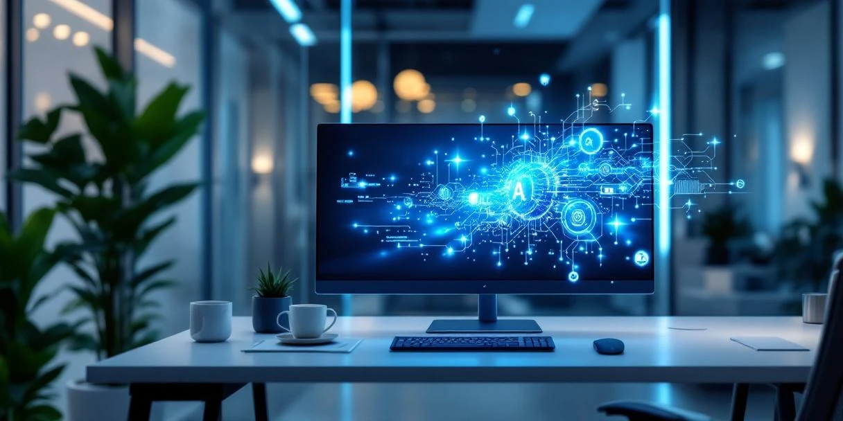 Futuristisch kantoorinterieur met moderne workstation, holografische assistent en blauwe AI-interface op scherm in premium omgeving met zachte verlichting.