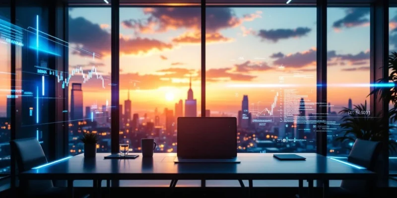 Futuristisch kantoorinterieur met zwevend holografisch Microsoft Copilot-symbool dat blauwe lichtstralen verspreidt over een modern bureau met laptop en uitzicht op een zonsondergang.