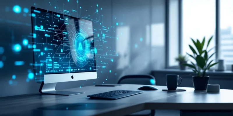 Futuristisch kantoorbureau met geavanceerd workstation, holografische AI-visualisatie en Surface-apparaat in professionele blauwe verlichting.