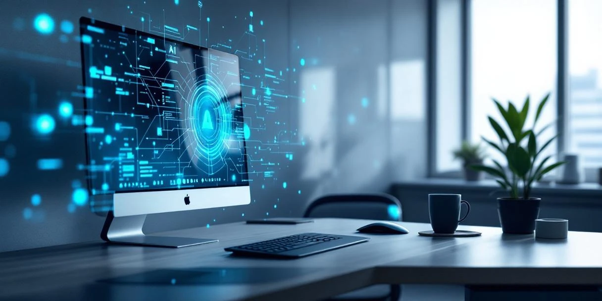 Futuristisch kantoorbureau met geavanceerd workstation, holografische AI-visualisatie en Surface-apparaat in professionele blauwe verlichting.