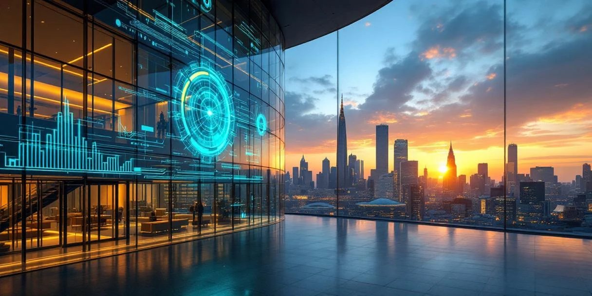 Futuristisch glazen kantoorgebouw in Den Haag met holografische beschermlaag, moderne werkplekken en diagnostische schermen, tegen de skyline van Den Haag bij zonsopgang.