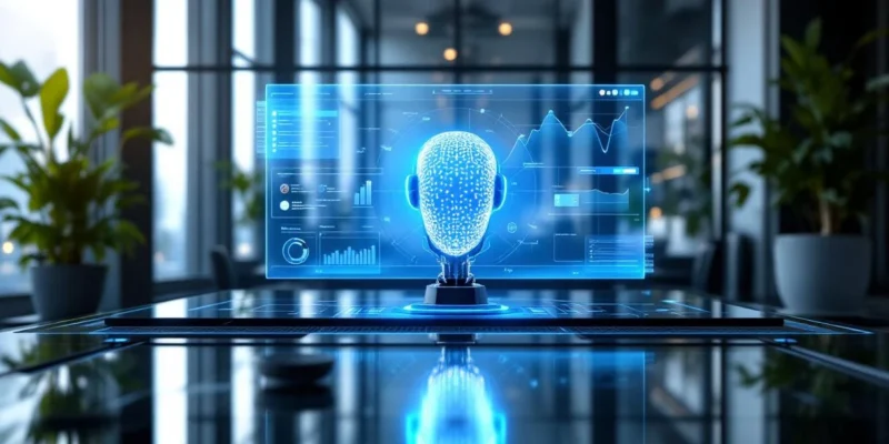 Futuristisch projectmanagementdashboard met holografische planning en AI-integratie op een glazen bureau in een moderne kantoorruimte met stadsuitzicht.