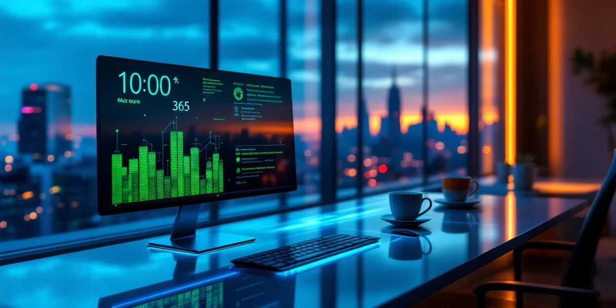 Futuristisch bureau met zwevende holografische Microsoft 365 interface en smartwatch die tijdwinst projecteert tegen skyline bij zonsondergang in minimalistische werkruimte.