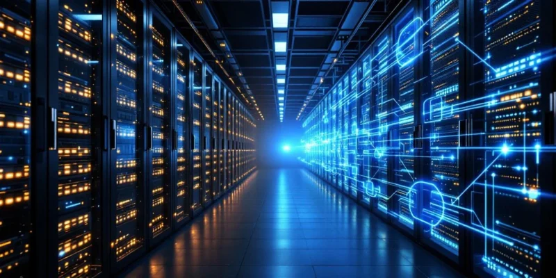 Hybride cloudomgeving met fysiek serverrack in datacenter links, virtuele cloudservers rechts, verbonden door lichtgevende blauwe en witte datastromen tegen een donkere achtergrond.