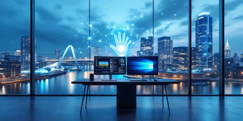 Modern kantoor in Rotterdam met uitzicht op Erasmusbrug, bureau met holografische schermen en lichtstralen die IT-ondersteuningsnetwerken tussen gebouwen in Zuid-Holland visualiseren.